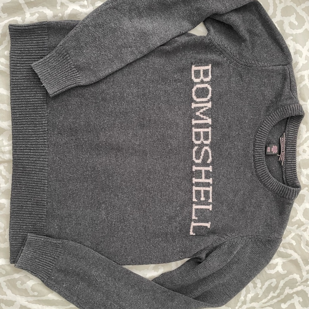 Womens S Victoria's Secret Gray Crewneck Sweater with Pink 'Bombshell' Logo